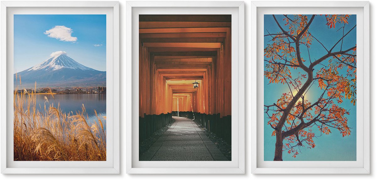 Wallfluent 3-Delige Schilderij Set - Japanse Landschappen, Natuur En Architectuur Van Azië - 40 x 60 - Wanddecoratie - Schilderijen Set - Interieur - Woonkamer Decoratie
