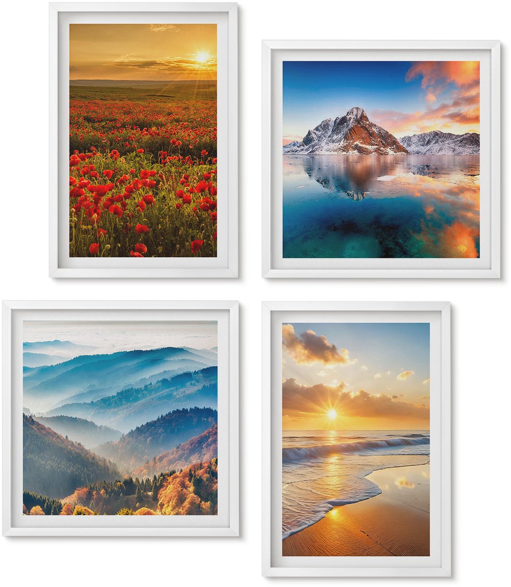 Wallfluent 4-Delige Schilderij Set - Berg- En Kustlandschappen Met Zonsondergang - 40 x 40 En 40 x 60 - Stijlvolle Muurdecoratie - Kantoor