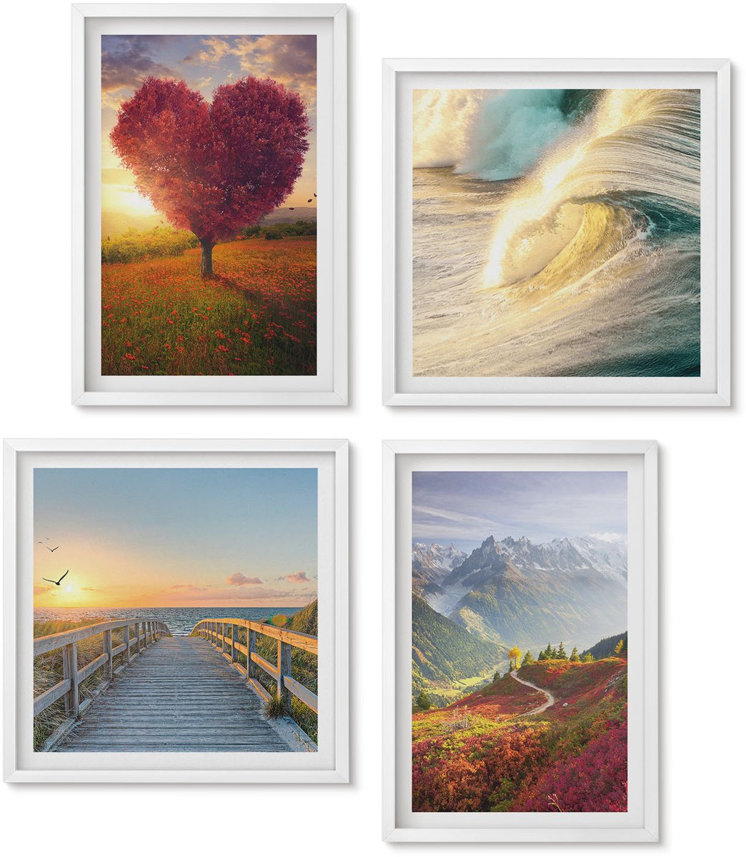 Wallfluent 4-Delige Schilderij Set - Berglandschappen Golven Hartvormige Boompier - 40 x 40 En 40 x 60 - Wanddecoratie - Moderne Interieurdecoratie - Woonkamer Decoratie