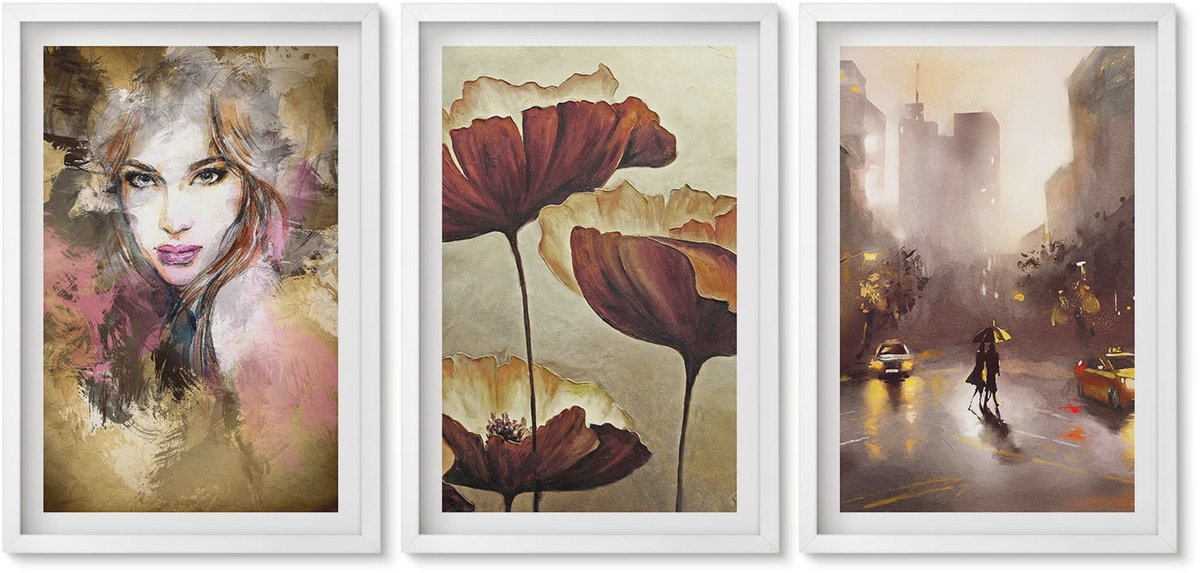 Wallfluent 3-Delige Schilderij Set - Abstract Portret Van Een Vrouw Met Bloemen In Een Stad In De Regen. - 40 x 60 - Wanddecoratie - Schilderijen Set - Interieur - Interieur Decoratie