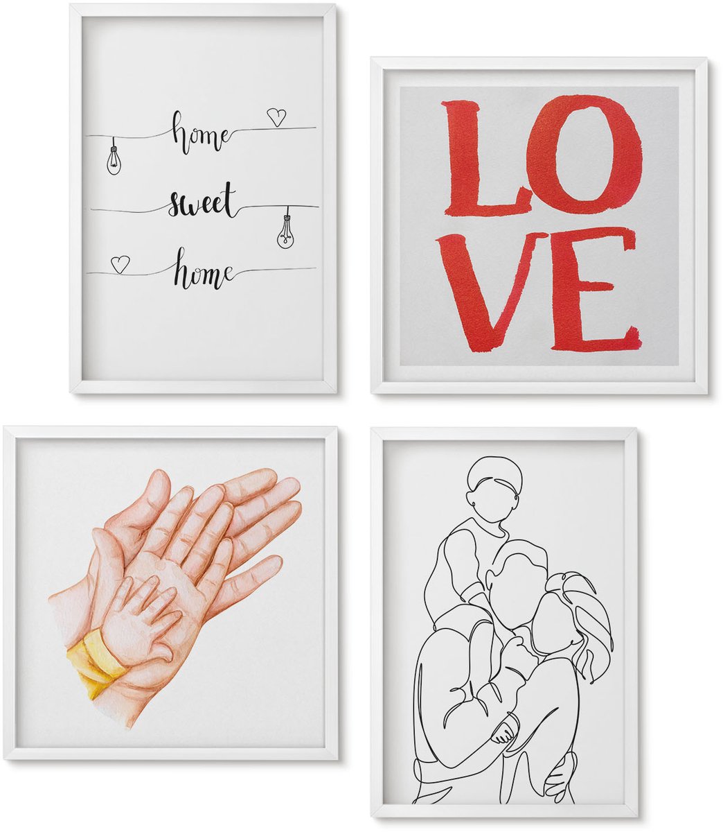 Wallfluent 4-Delige Schilderij Set - Familie-Illustraties, Huisinscripties, Over Leven En Liefde. - 40 x 40 En 40 x 60 - Wanddecoratie - Muurdecoratie - Woonkamer - Stijlvolle Muurdecoratie