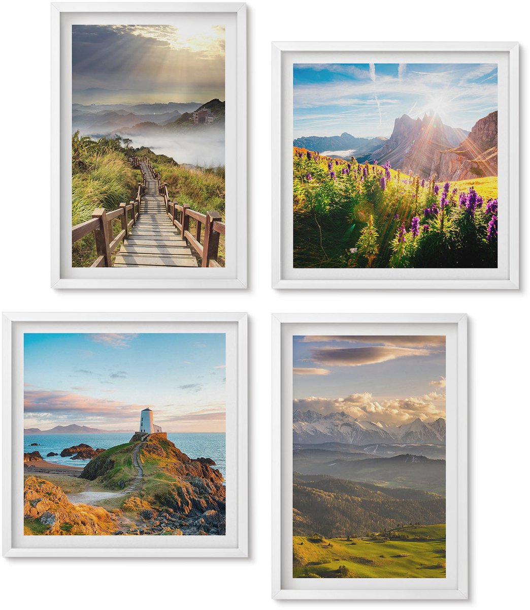 Wallfluent 4-Delige Schilderij Set - Berglandschappen Met Bloemen, Lucht En Pad. - 40 x 40 En 40 x 60 - Moderne Wanddecoratie - Woonkamer