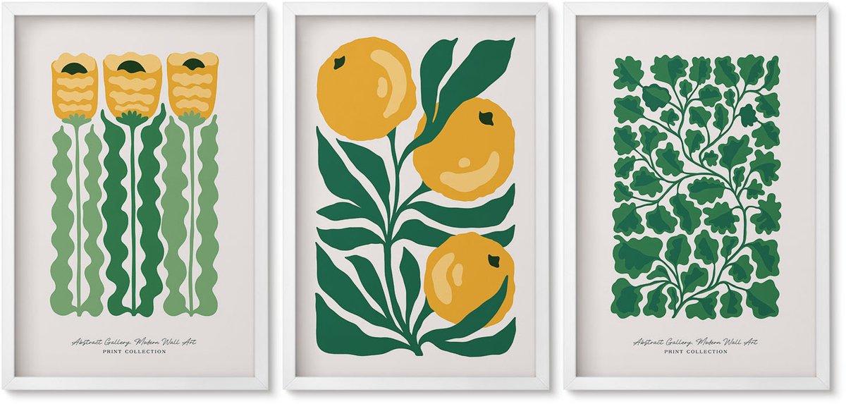 Wallfluent 3-Delige Schilderij Set - Plantenpatronen Met Bloemen En Bladeren (Posters) - 40 x 60 - Muurdecoratie - Wanddecoratie - Hal - Woonkamer Decoratie