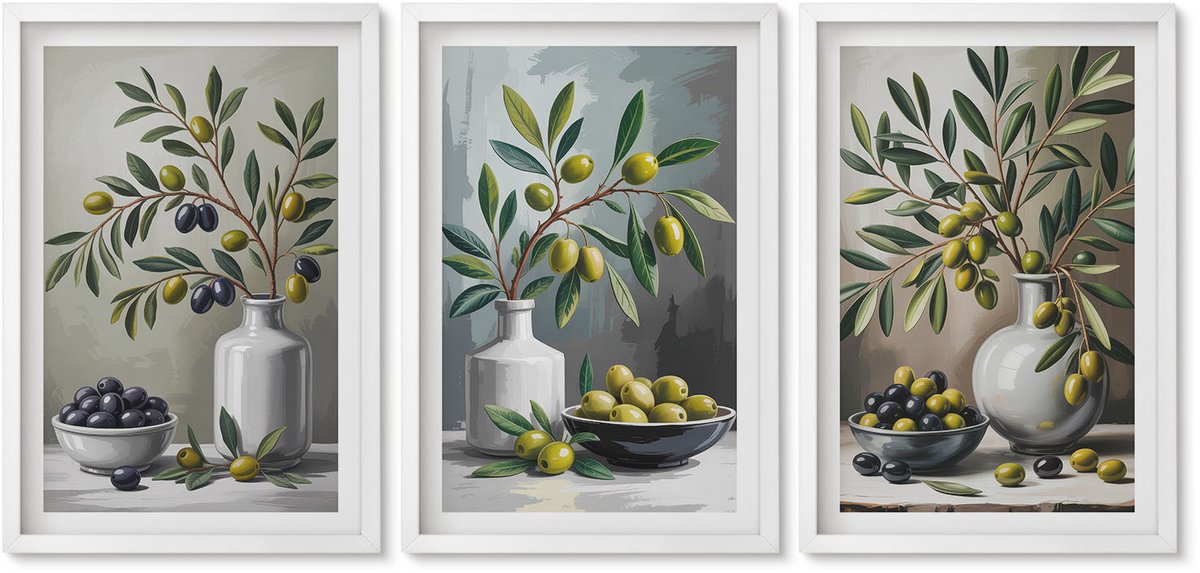 Wallfluent 3-Delige Schilderij Set - Olijven In Keramische Schalen Op Een Grijze Achtergrond - 40 x 60 - Moderne Wanddecoratie - Woonkamer - Stijlvolle Muurdecoratie