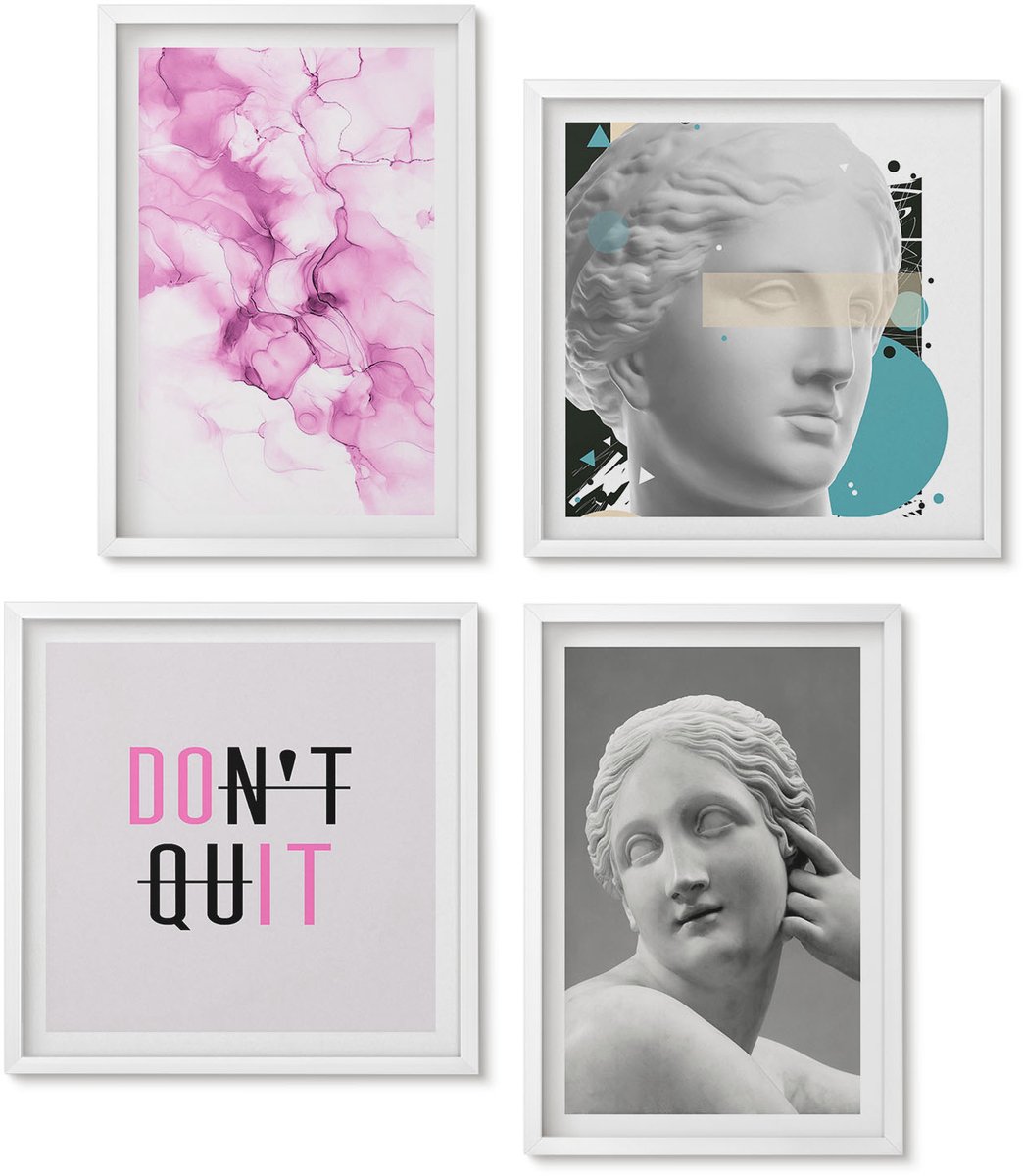 Wallfluent 4-Delige Schilderij Set - Aquarel Abstracte Inspirerende Slogan Antieke Beelden - 40 x 40 En 40 x 60 - Muurdecoratie - Schilderijen Set - Woonkamer - Decoratieve Schilderijen