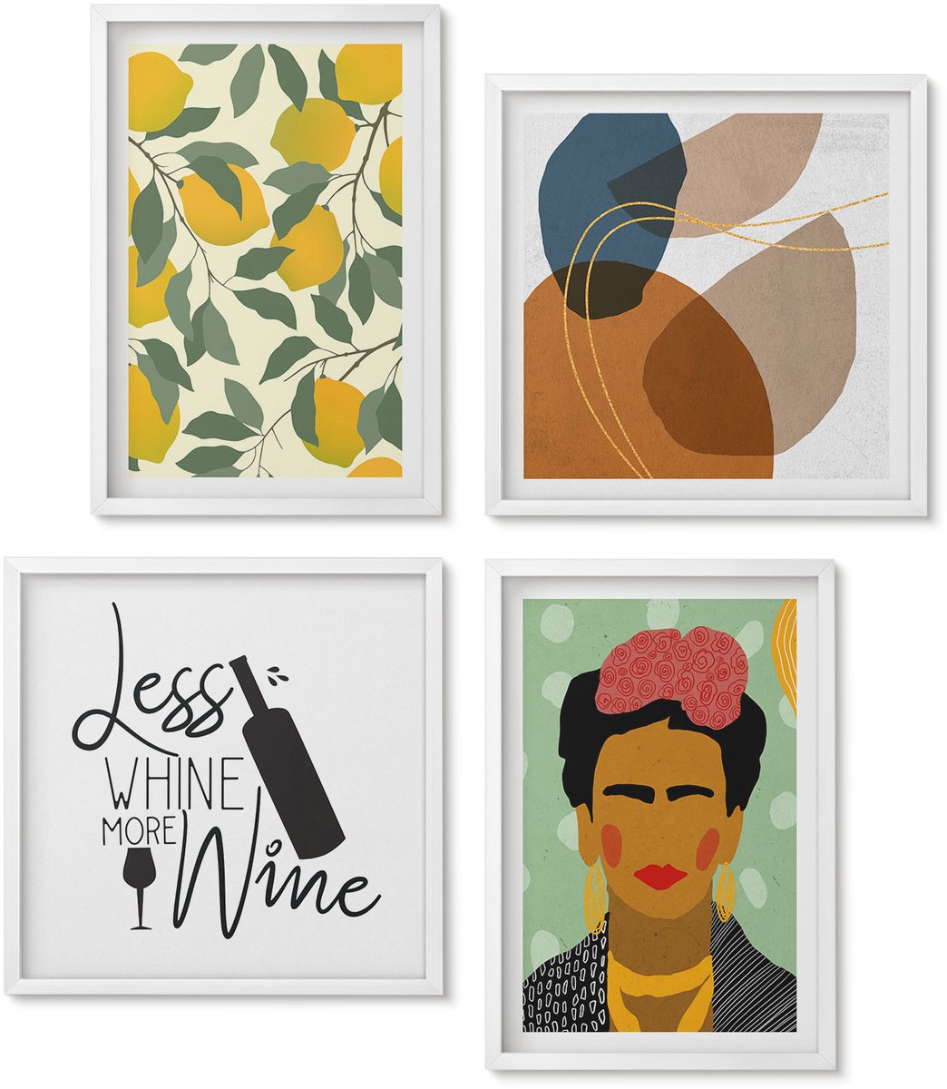 Wallfluent 4-Delige Schilderij Set - Citroenen Wijnfles Portret Van Frida Kahlo - 40 x 40 En 40 x 60 - Moderne Wanddecoratie - Slaapkamer