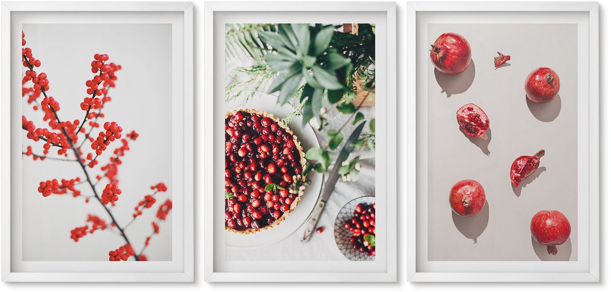 Wallfluent 3-Delige Schilderij Set - Rode Vruchten En Planten In Een Minimalistische Stijl - 40 x 60 - Stijlvolle Wanddecoratie - Interieur - Interieur Decoratie