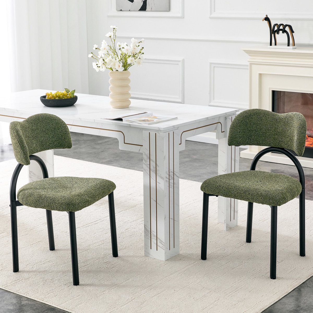 OKWISH Eetkamerstoel Set Van 2 Gepolsterde Stoelen Met Rugleuning En Zwart Metalen Frame Voor Eetkamer Keuken En Woonkamer Stof Groen