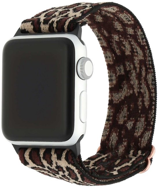 Apple Watch bandje met een luipaardprint in bruin- en beige tinten en een roségouden gesp.