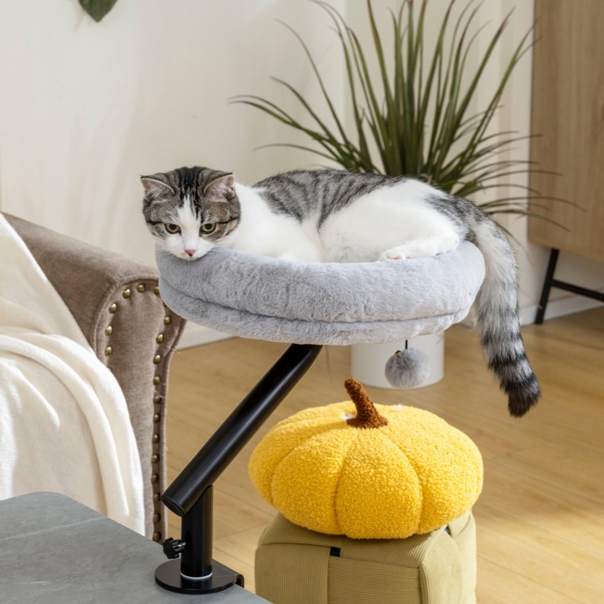 REDOM - Katten-deskbed - 360° draaibaar - in hoogte verstelbaar - afneembaar en machinewasbaar - voor thuiswerkplek - Polyester - Grijs - 35 x 48 cm