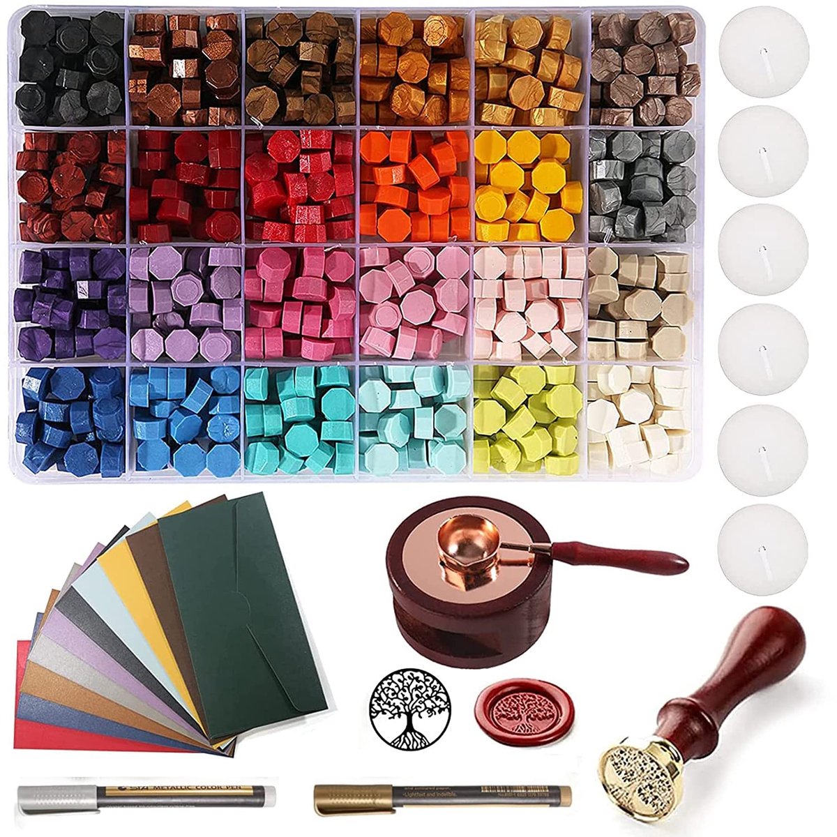 Waxseal set 635 stuks 24 kleuren - kleurrijke octagonale waxdruppels - Tree of Life patroon - perfect voor brieven - ShopVlot