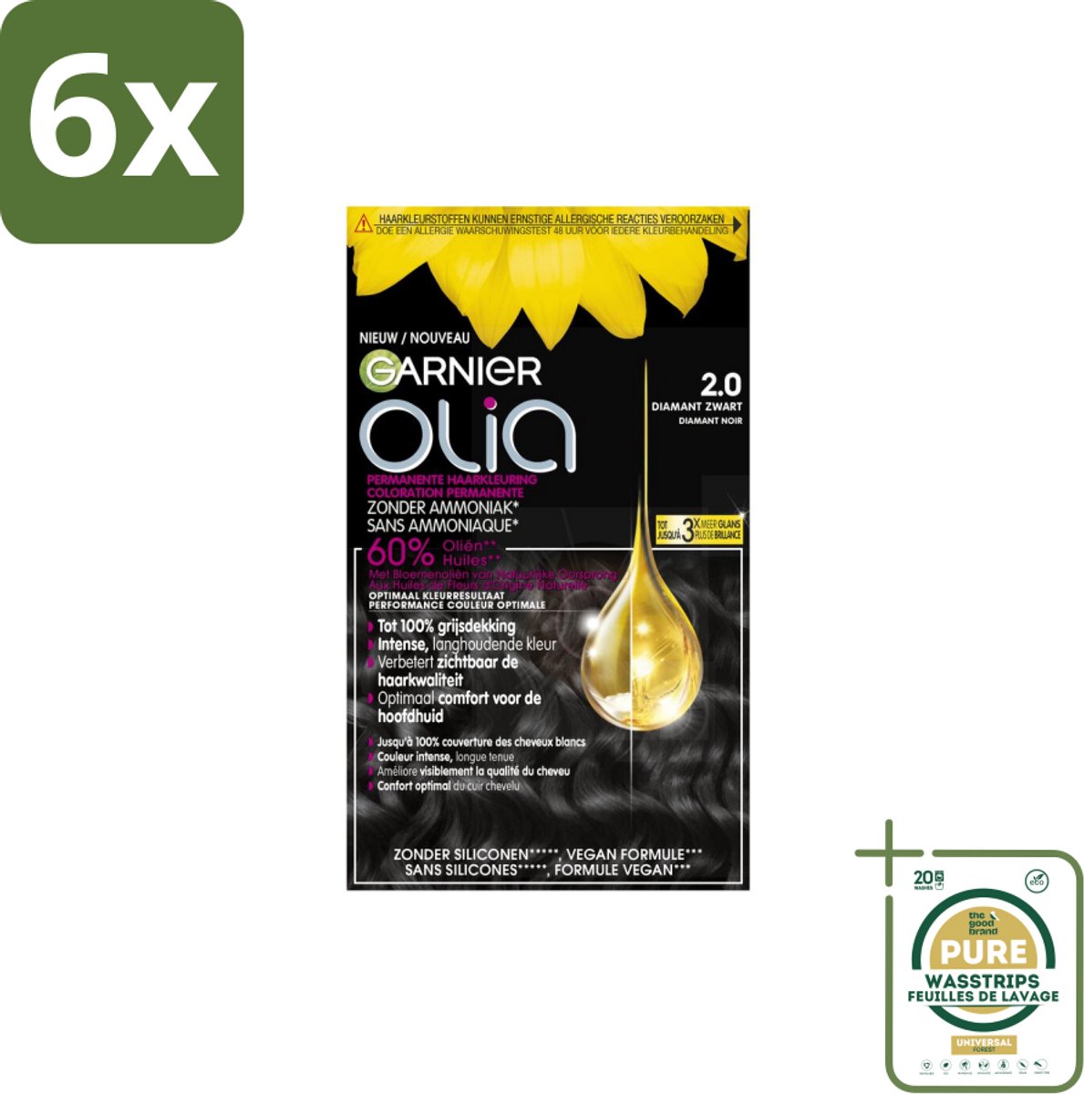 Garnier - Olia 2 - Haarkleuring - Diamant Zwart - Zonder Ammoniak - 60% Olie - Permanente Kleur - Voordeelverpakking - 6 stuks - Haarkleur zonder ammoniak - Haarkleur met olie