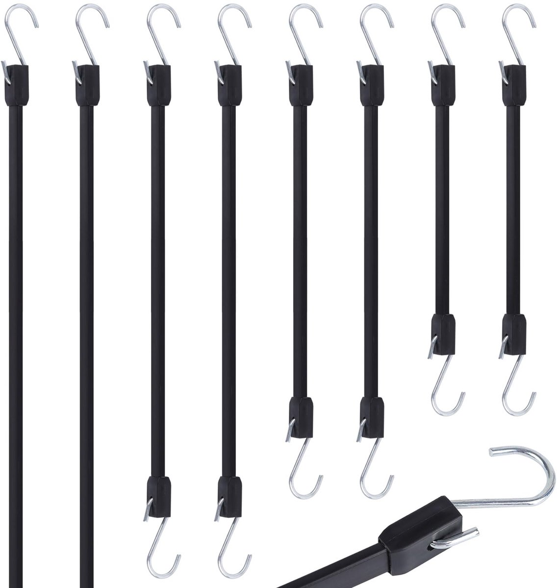 Set van 8 Spanelastieken met S-Haken (25/38/53/79cm) Zwarte EPDM Snelbinders Bagagespanners Sterk, UV-bestendig - ShopVlot