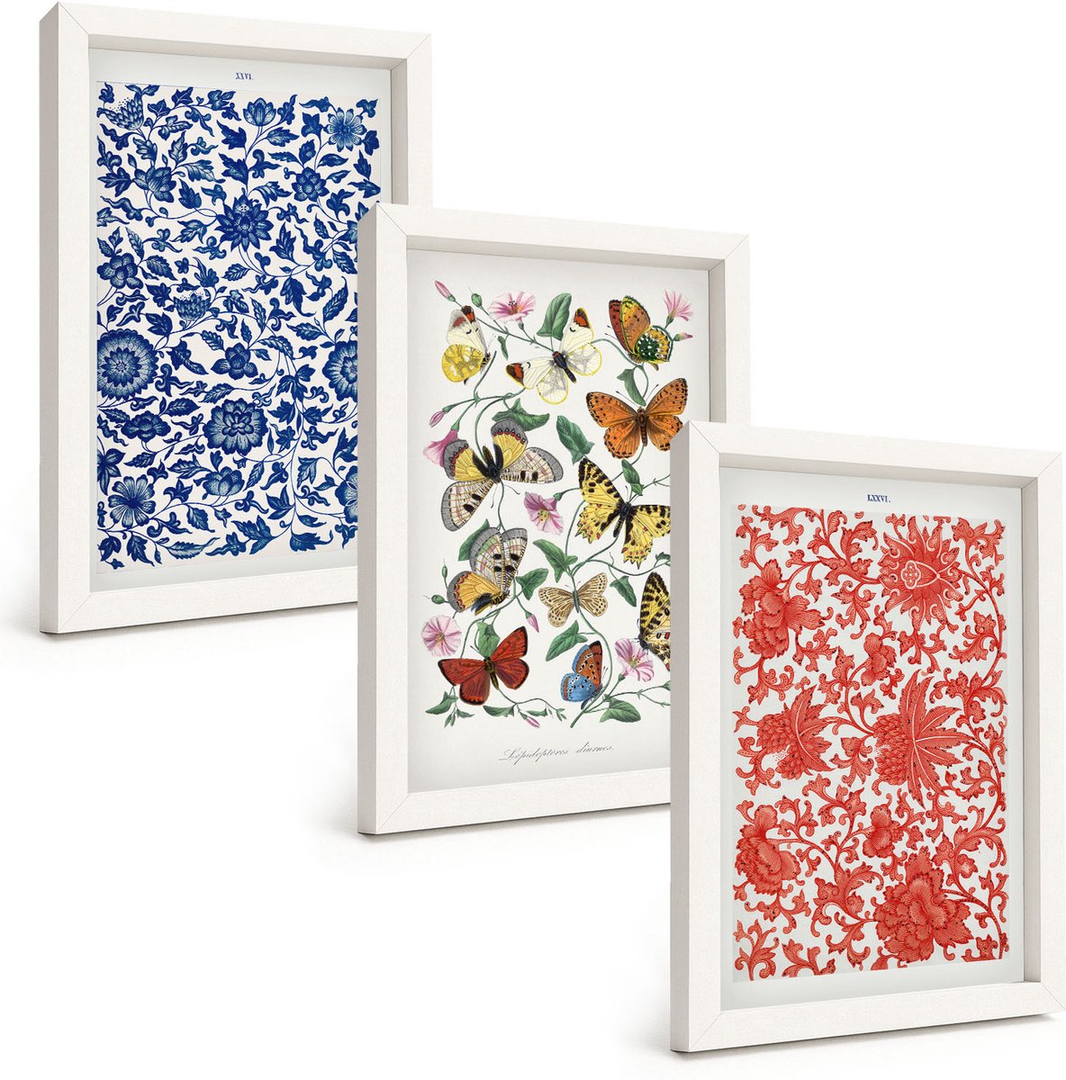Tulup 3-Delige Schilderij Set - Vintage posters met bloemen, vlinders en ornamenten - 20x30 - Wanddecoratie - Woonkamer Decoratie