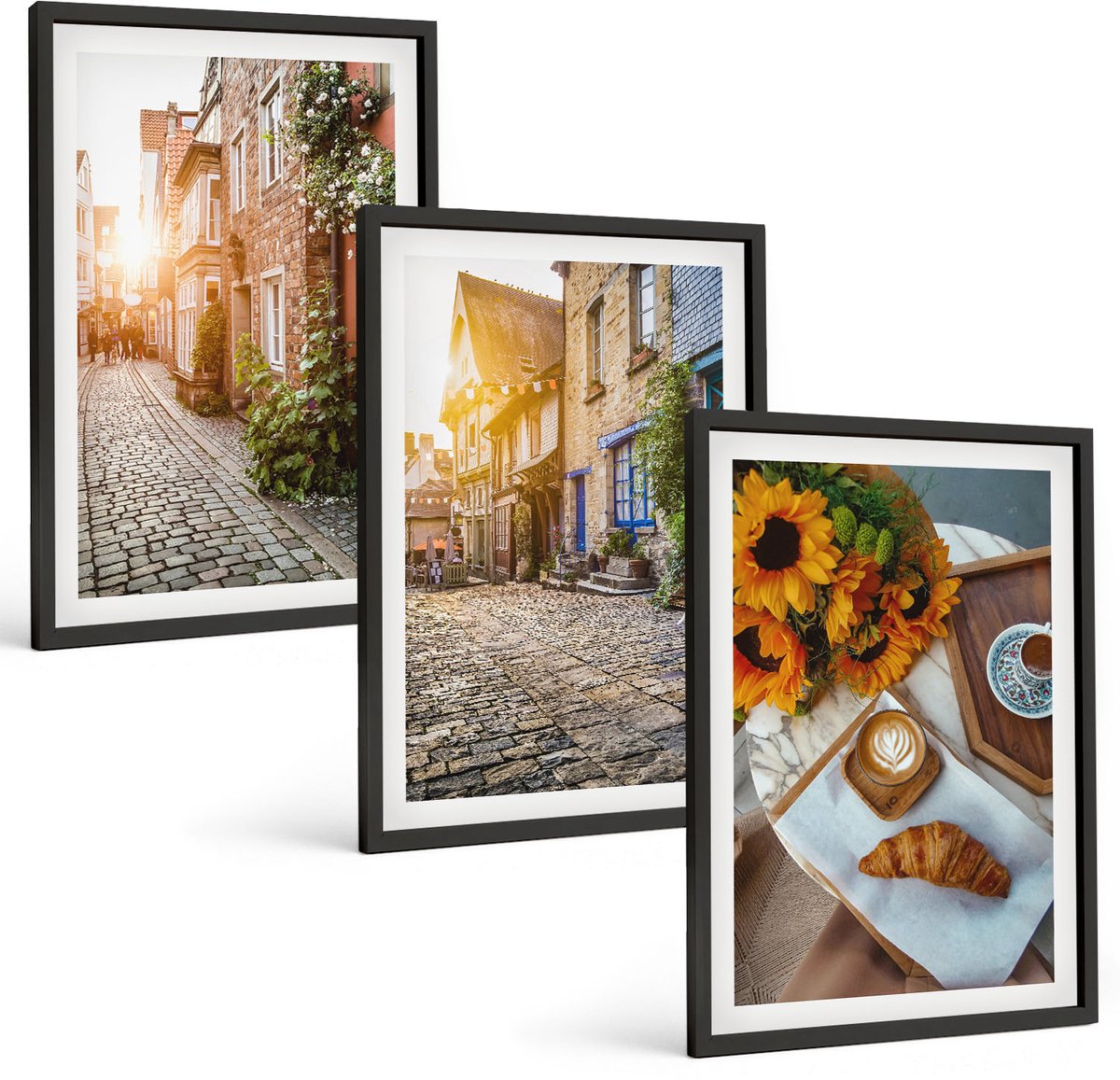 Tulup 4-Delige Schilderij Set - Sfeervolle straatjes met koffie en zonnebloemen - 40 x 60 cm - Decoratieve Schilderijen - Woonkamer - Interieur - Wanddecoratie