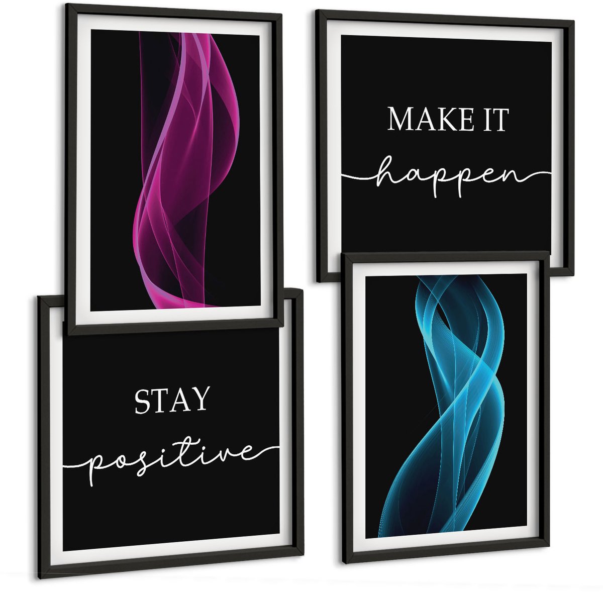Tulup 4-Delige Schilderij Set - Golven van kleurrijke neonlijnen op een donkere achtergrond - 40 x 40 cm en 40 x 60 cm - Wanddecoratie - Schilderijen Set - Kantoor - Interieur Decoratie