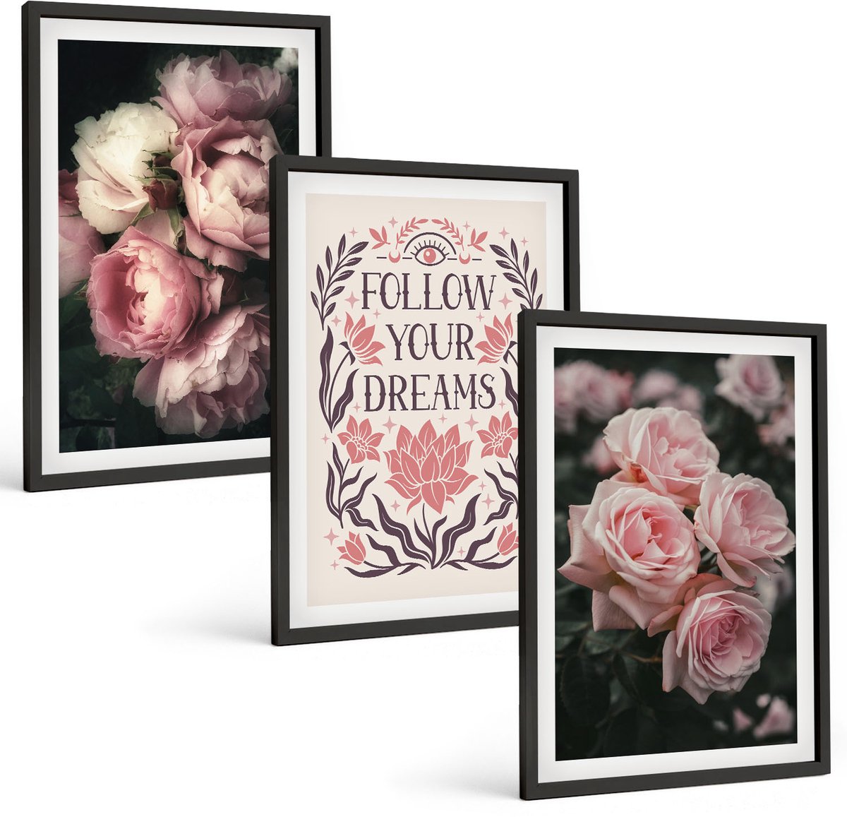 Tulup 4-Delige Schilderij Set - Vintage rozen met de inscriptie 'Over dromen'. - 40 x 60 cm - Wanddecoratie - Moderne Interieurdecoratie