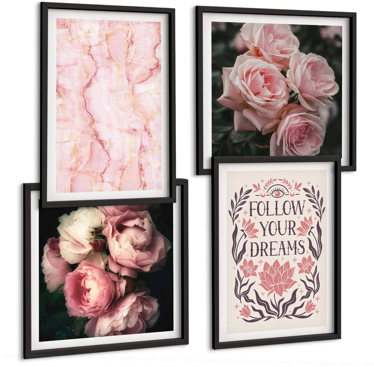 Tulup 4-Delige Schilderij Set - Vintage rozen marmeren inscriptie over dromen - 40 x 40 cm en 40 x 60 cm - Muurdecoratie - Interieur Decoratie - Wanddecoratie