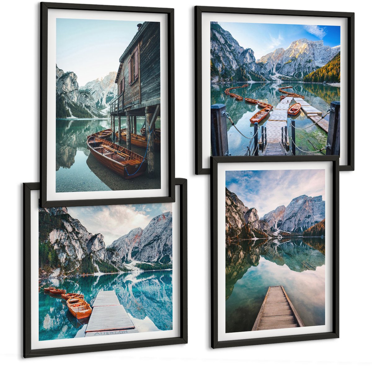 Tulup 4-Delige Schilderij Set - Een rustig meer in de bergen met houten bootjes. - 40 x 40 cm en 40 x 60 cm - Decoratieve Schilderijen - Woonkamer - Interieur - Woonkamer Decoratie