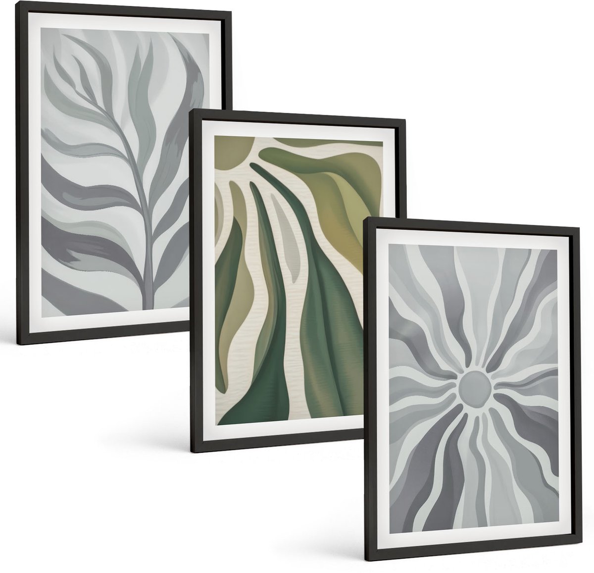 Tulup 4-Delige Schilderij Set - Plantenpatronen in tinten groen en grijs - 40 x 60 cm - Stijlvolle Muurdecoratie - Slaapkamer - Wanddecoratie