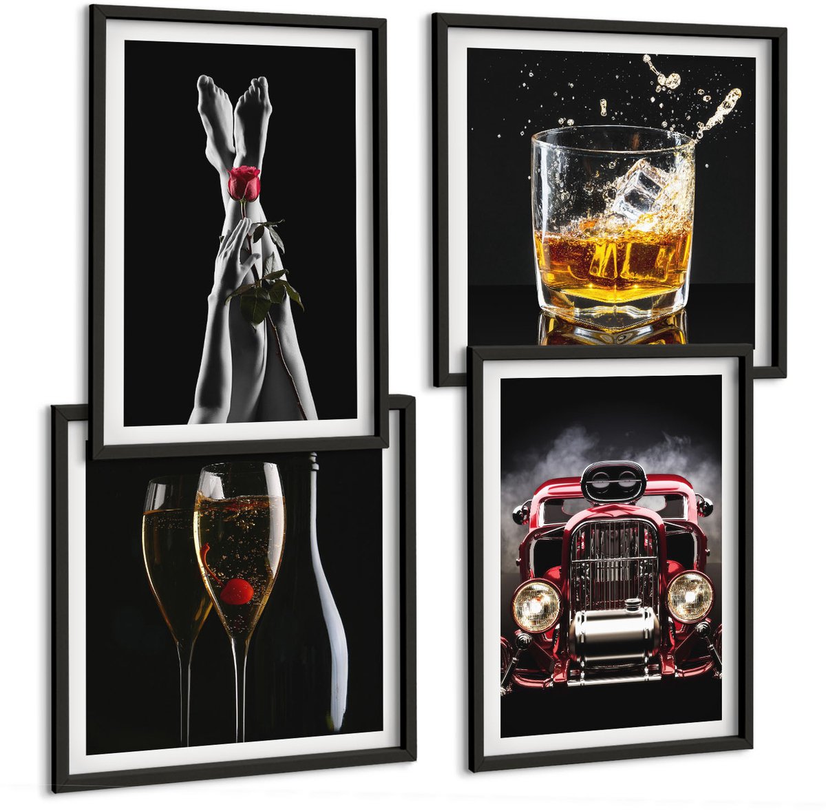 Tulup 4-Delige Schilderij Set - Vrouwenbenen met roos, oude auto, wijn, whisky - 40 x 40 cm en 40 x 60 cm - Moderne Wanddecoratie - Slaapkamer - Interieur Decoratie