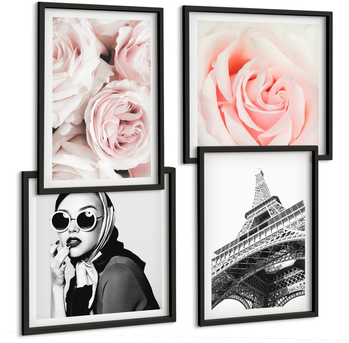 Tulup 4-Delige Schilderij Set - Rozen, modeportret van een vrouw, Eiffeltoren in Parijs - 40 x 40 cm en 40 x 60 cm - Muurdecoratie - Schilderijen Set - Woonkamer