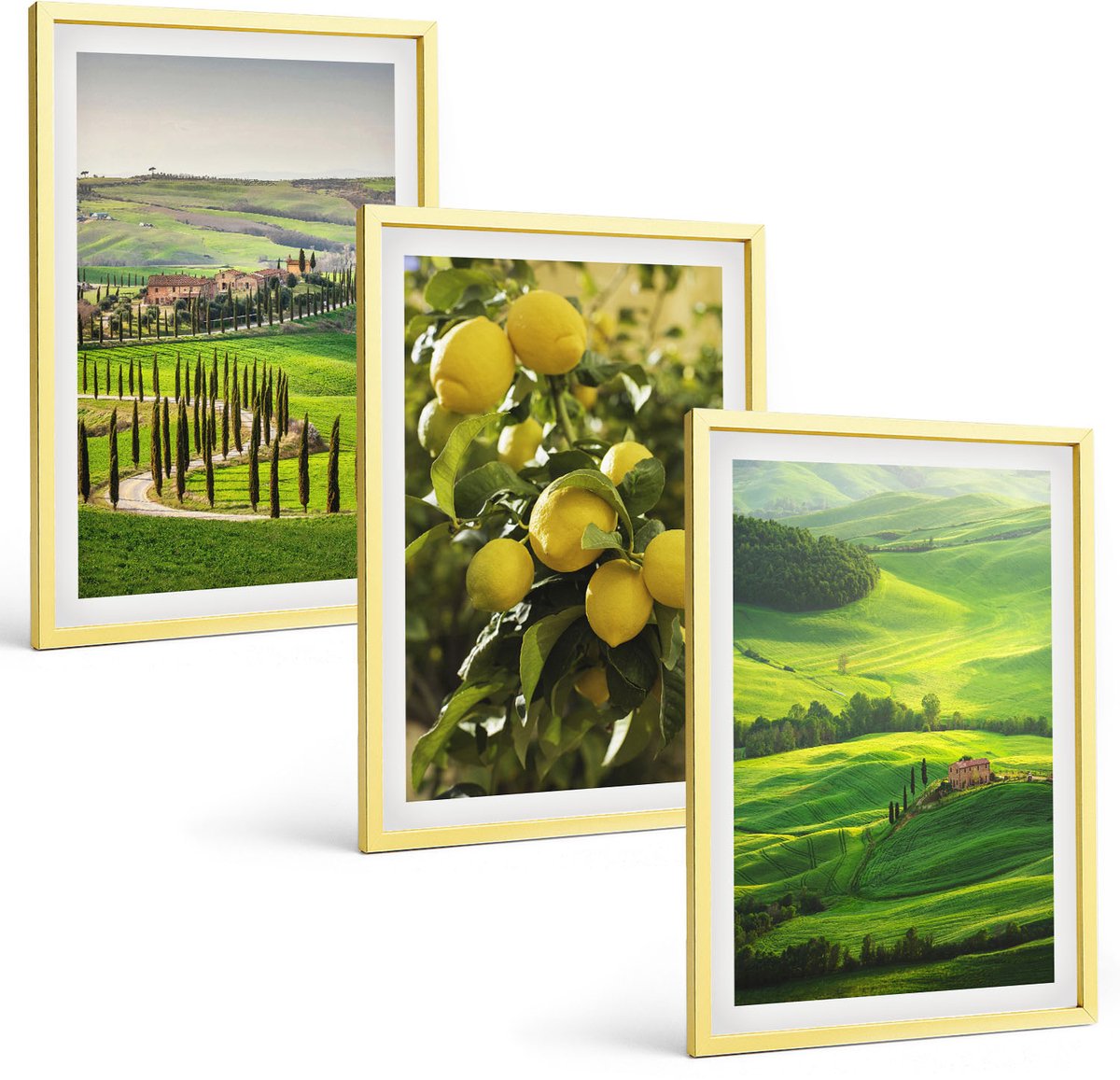 TULUP 4-Delige Schilderij Set - Italiaanse landschappen met citrusbomen en groene heuvels - 40 x 60 cm - Stijlvolle Muurdecoratie - Slaapkamer - Wanddecoratie Gouden lijst