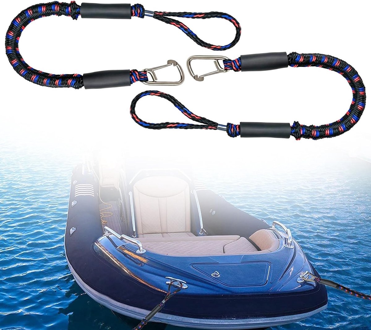 Elastisch Koord voor Boot - Rood/Zwart/Blauw - 1,2 m - Bungee Docklijn met Roestvrijstalen Clip en Gesp - Voor Kajakken en Jetski's