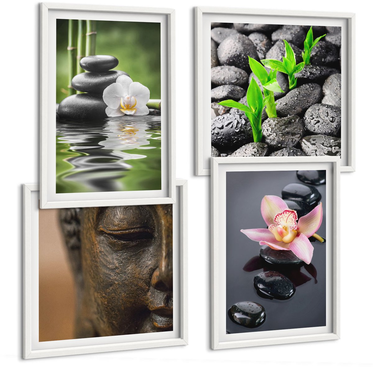 Tulup 4-Delige Schilderij Set - Vredige Zen-compositie van stenen met bloemen en Boeddha - 40x40 en 40x60 - Stijlvolle Wanddecoratie - Interieur