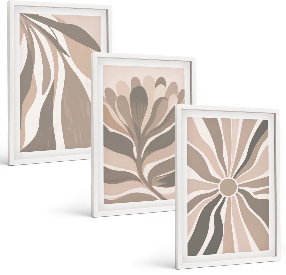 Tulup 3-Delige Schilderij Set - Abstracte plantpatronen in beige en bruine tinten. - 40x60 - Moderne Wanddecoratie - Woonkamer - Muurdecoratie