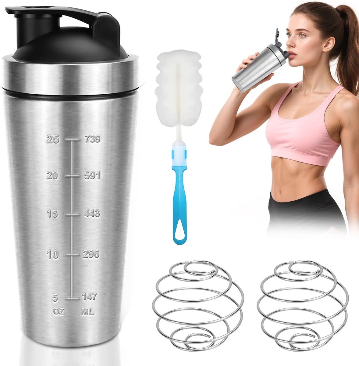 Protein Shaker - Zilver - 750 ml - Roestvrij Staal met Antislip Bodem - Voor Fitness en Reizen