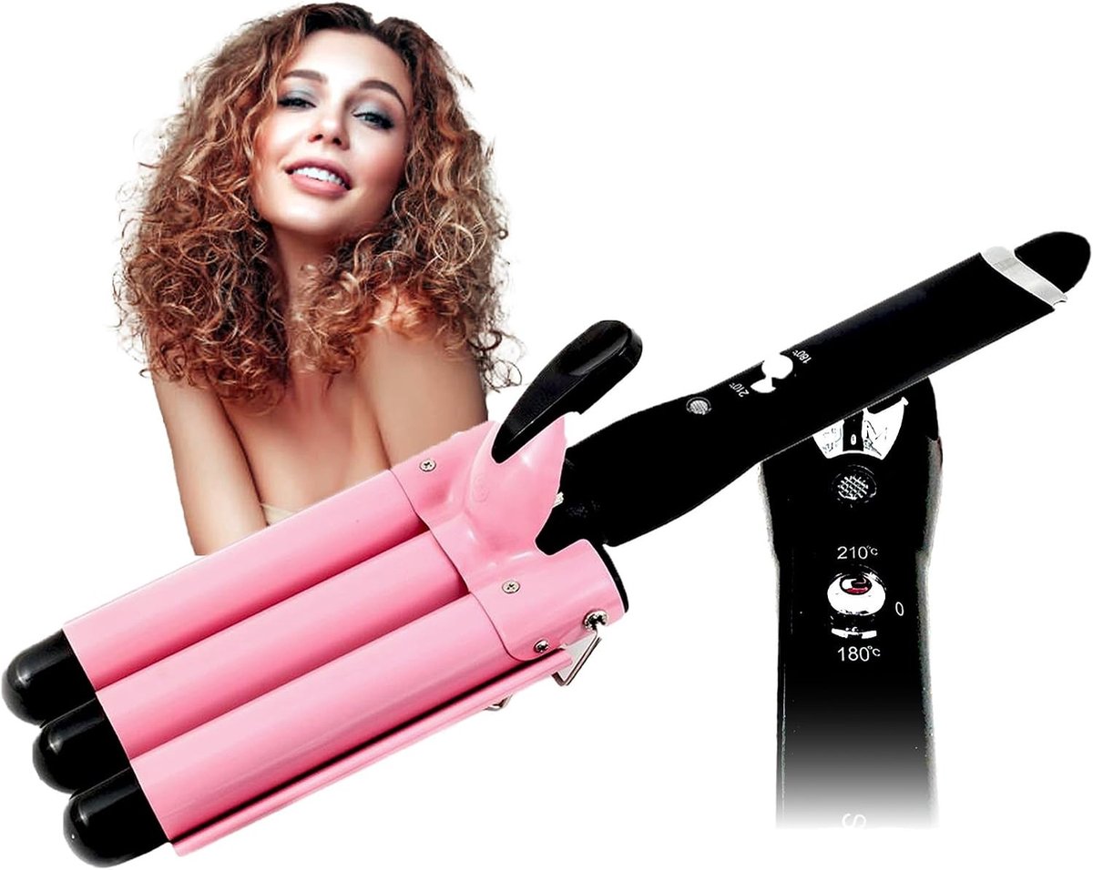 Wafeltang - Roze en Zwart - 35 x 10 x 7 cm - Professionele Stijltang met 3 Takken Krulspelden - Voor Alle Haartypes