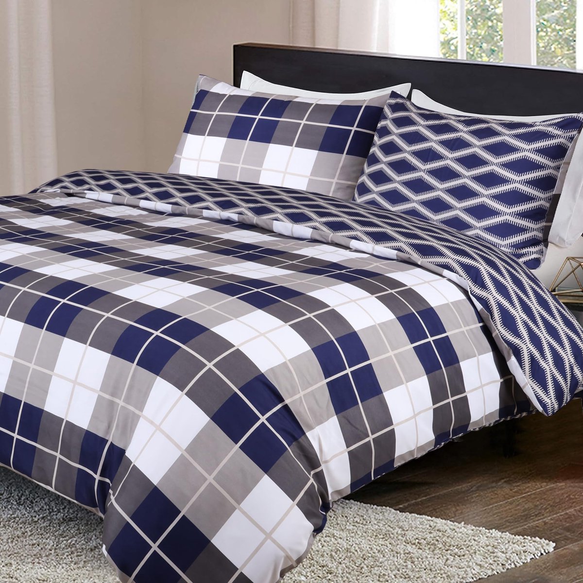 Dekbedovertrek super kingsize 260 x 220 cm - geborsteld microvezel - omkeerbaar marineblauw - zacht en stijlvol - ShopVlot