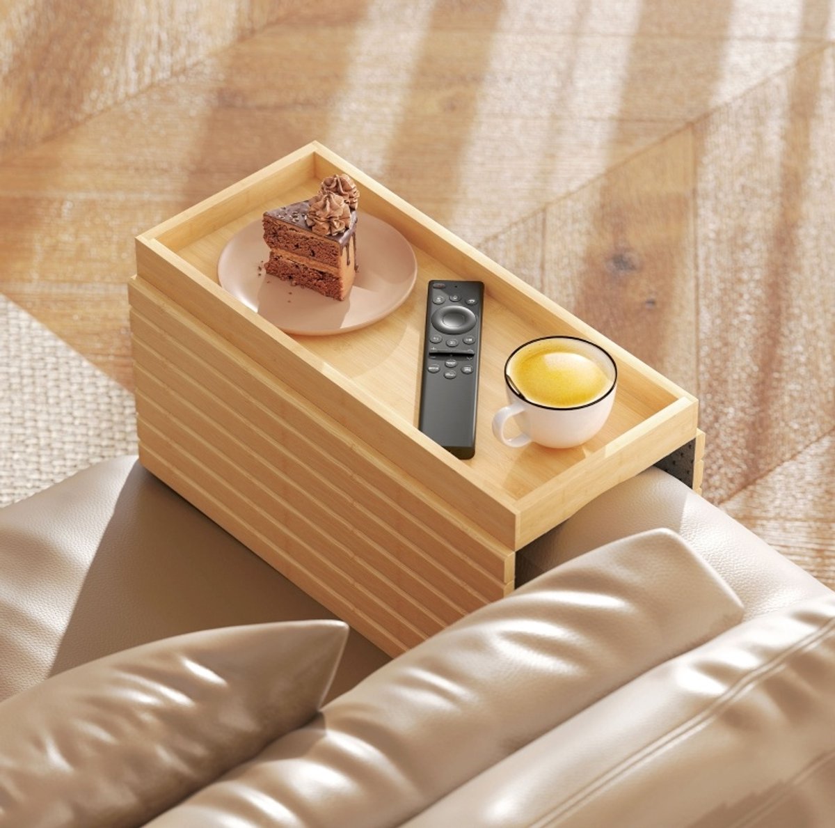 DESMIU Sofatablet Opvouwbaar Met Diepe Opbergruimte 45 X 33,5 X 3 Cm Hout Natuurkleur Voor Drankjes Snacks En Afstandsbediening