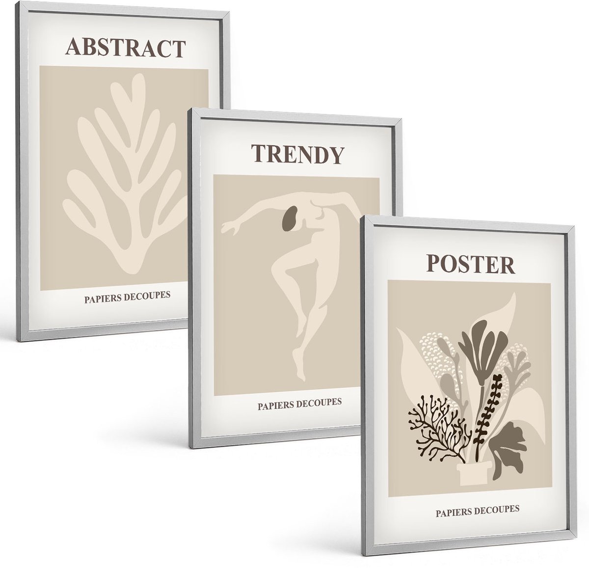 TULUP 4-Delige Schilderij Set - Plantenpatronen in beige en bruine tinten - 40 x 60 cm - Moderne Wanddecoratie - Woonkamer - Interieur Decoratie Zilveren lijst