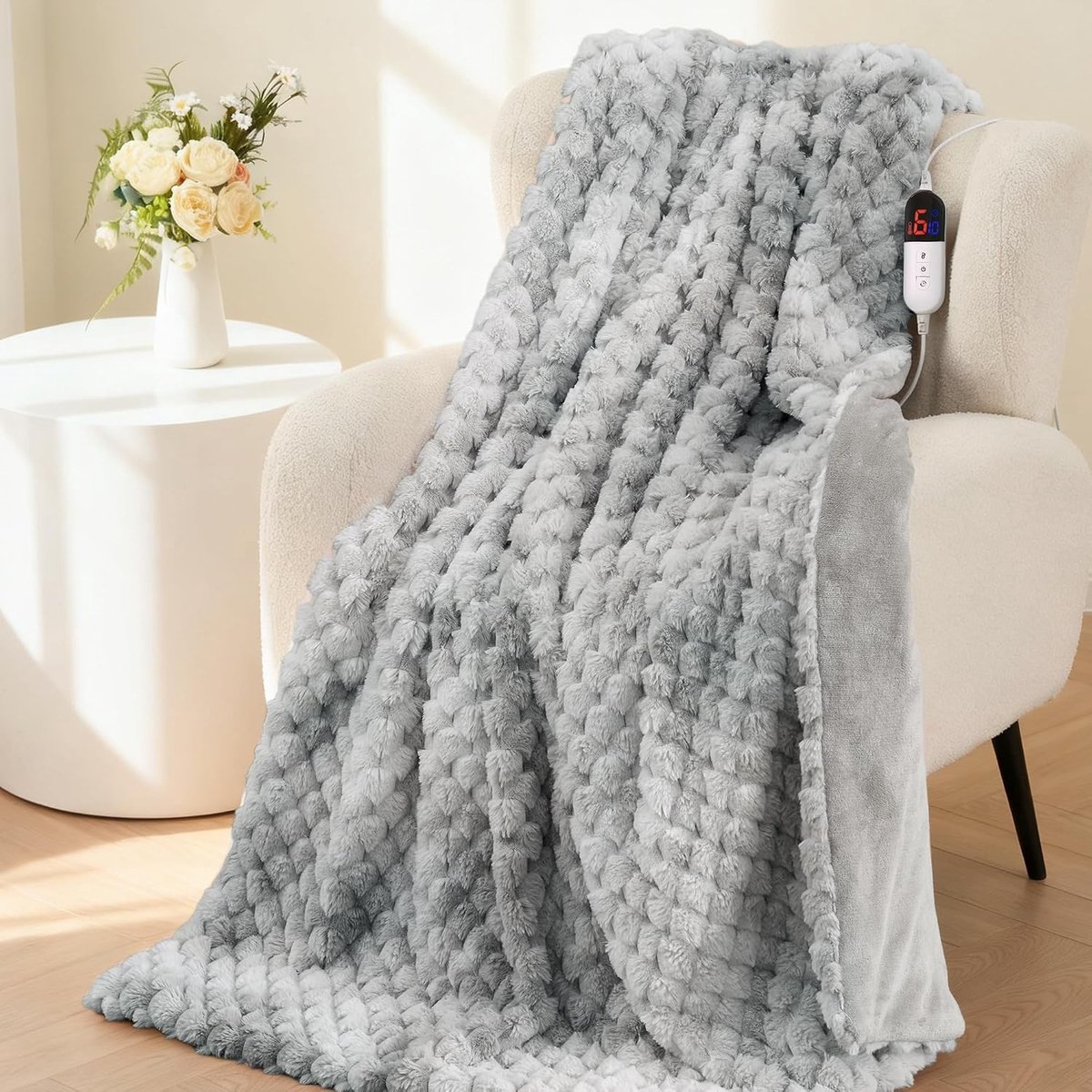 Verwarmde Deken - Blauw - 130 x 180 cm - 3D Bloemjacquard van Konijnenbont & Flanel - Voor Bed, Bank of Kantoor