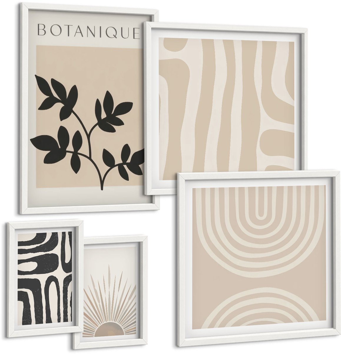 Tulup 4-Delige Schilderij Set - Stijlvolle plantmotieven in neutrale tinten - 50 x 50 cm, 20 x 30 cm en 40 x 60 cm - Moderne Wanddecoratie - Woonkamer - Woonkamer Decoratie