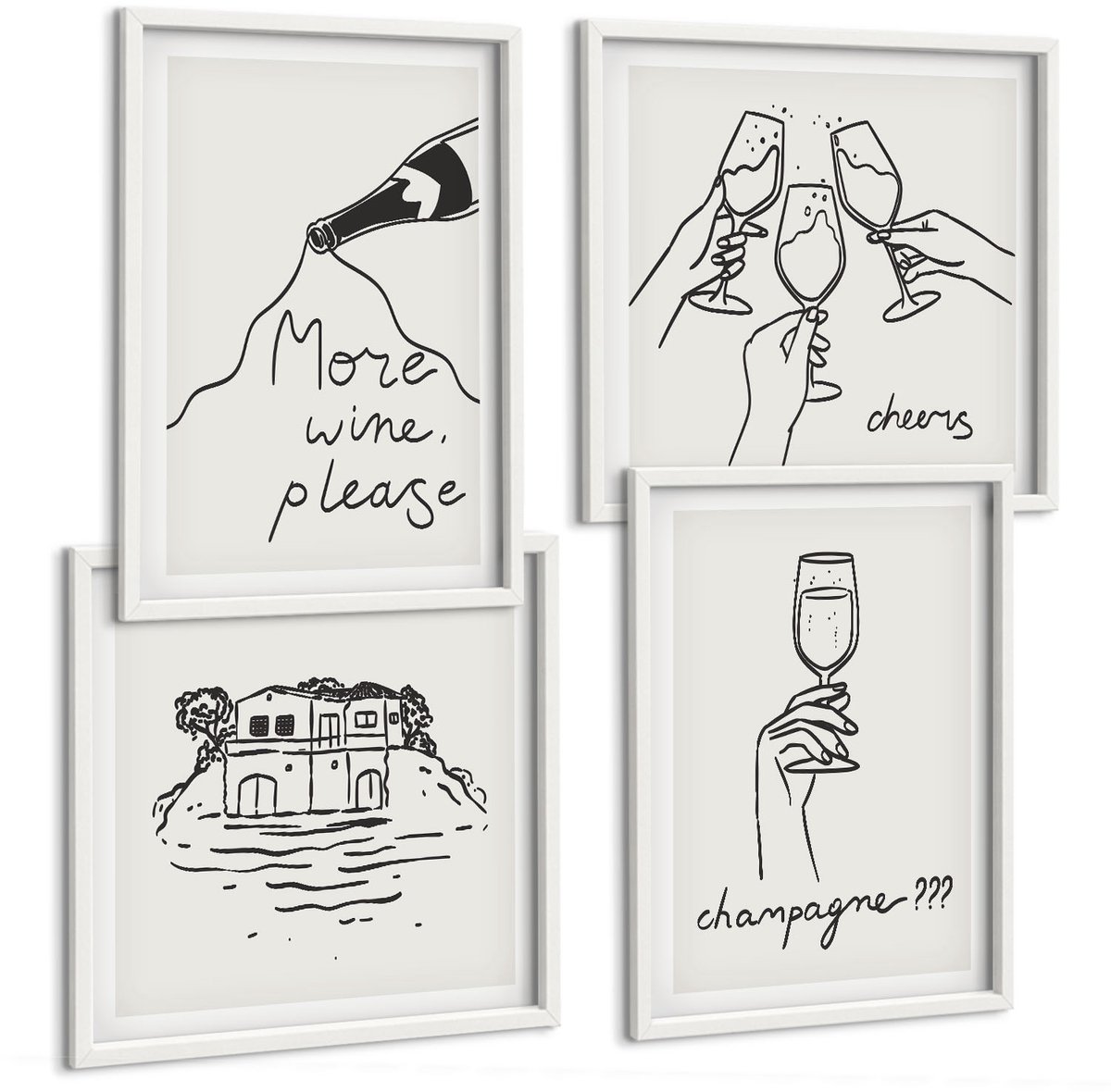Tulup 4-Delige Schilderij Set - Vrolijke momenten met wijn en champagne - Lijntekening - 40x40 en 40x60 - Muurdecoratie - Wanddecoratie - Hal - Decoratieve Schilderijen