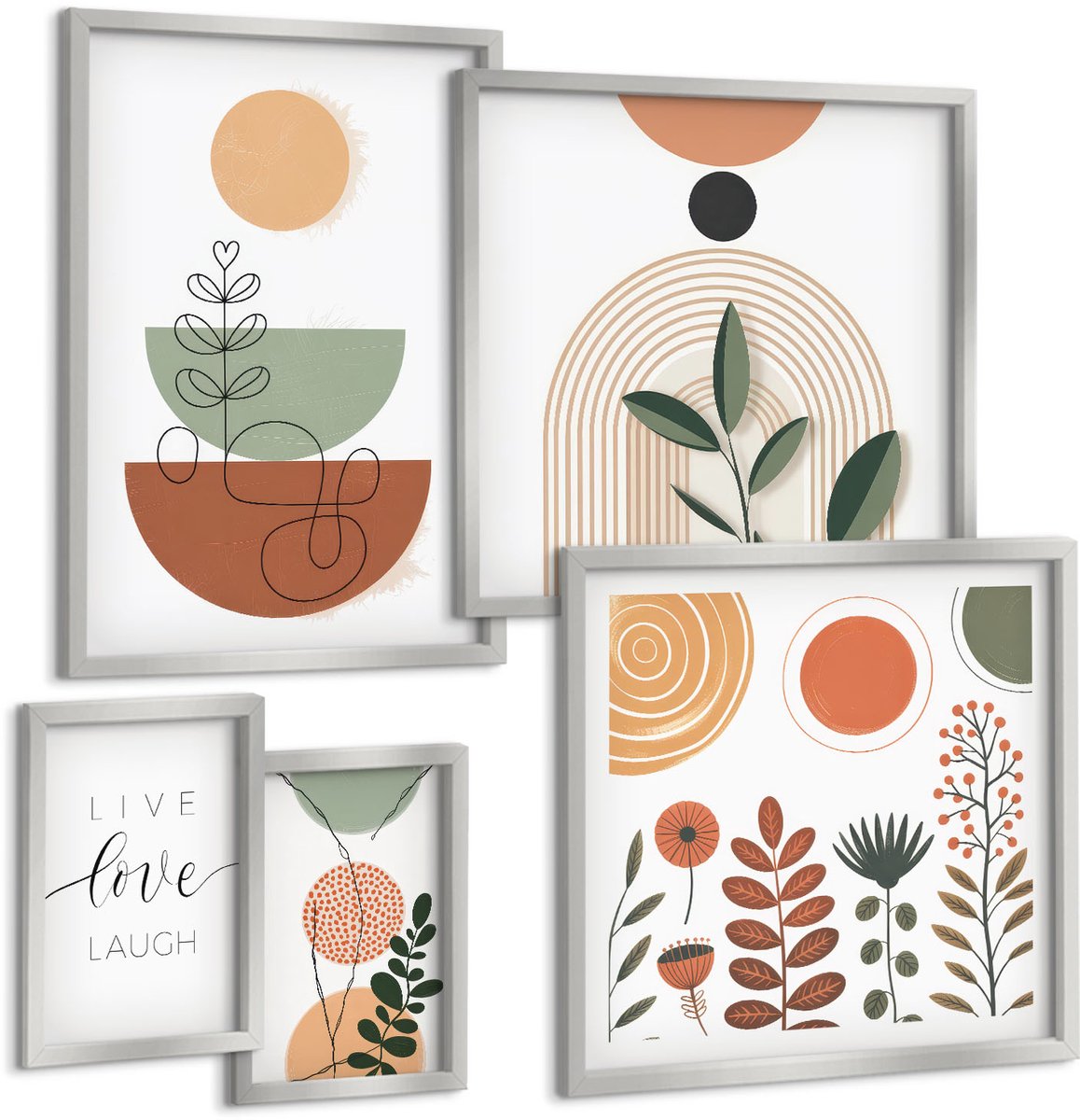 TULUP 4-Delige Schilderij Set - Stijlvolle afbeeldingen met plantmotieven en geometrische vormen. - 50 x 50 cm, 20 x 30 cm en 40 x 60 cm - Decoratieve Schilderijen - Woonkamer - Interieur - Muurdecoratie Zilveren lijst