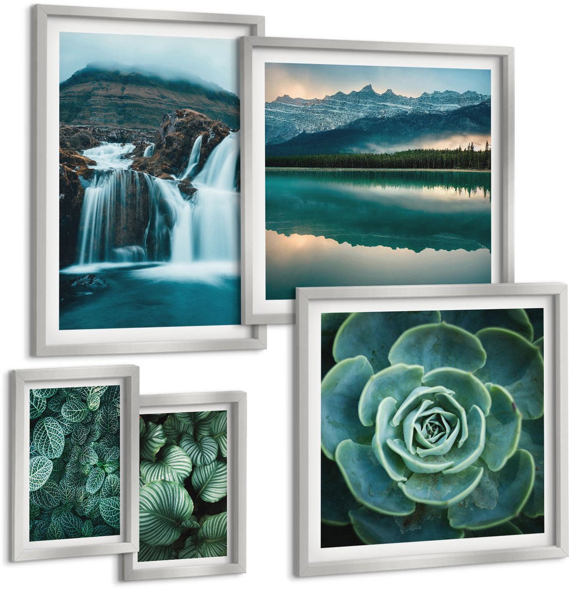 TULUP 4-Delige Schilderij Set - Groene planten en watervallen in een natuurlijke stijl - 50 x 50 cm, 20 x 30 cm en 40 x 60 cm - Muurdecoratie - Decoratieve Schilderijen - Wohnzimmer - Moderne Wanddecoratie Zilveren lijst