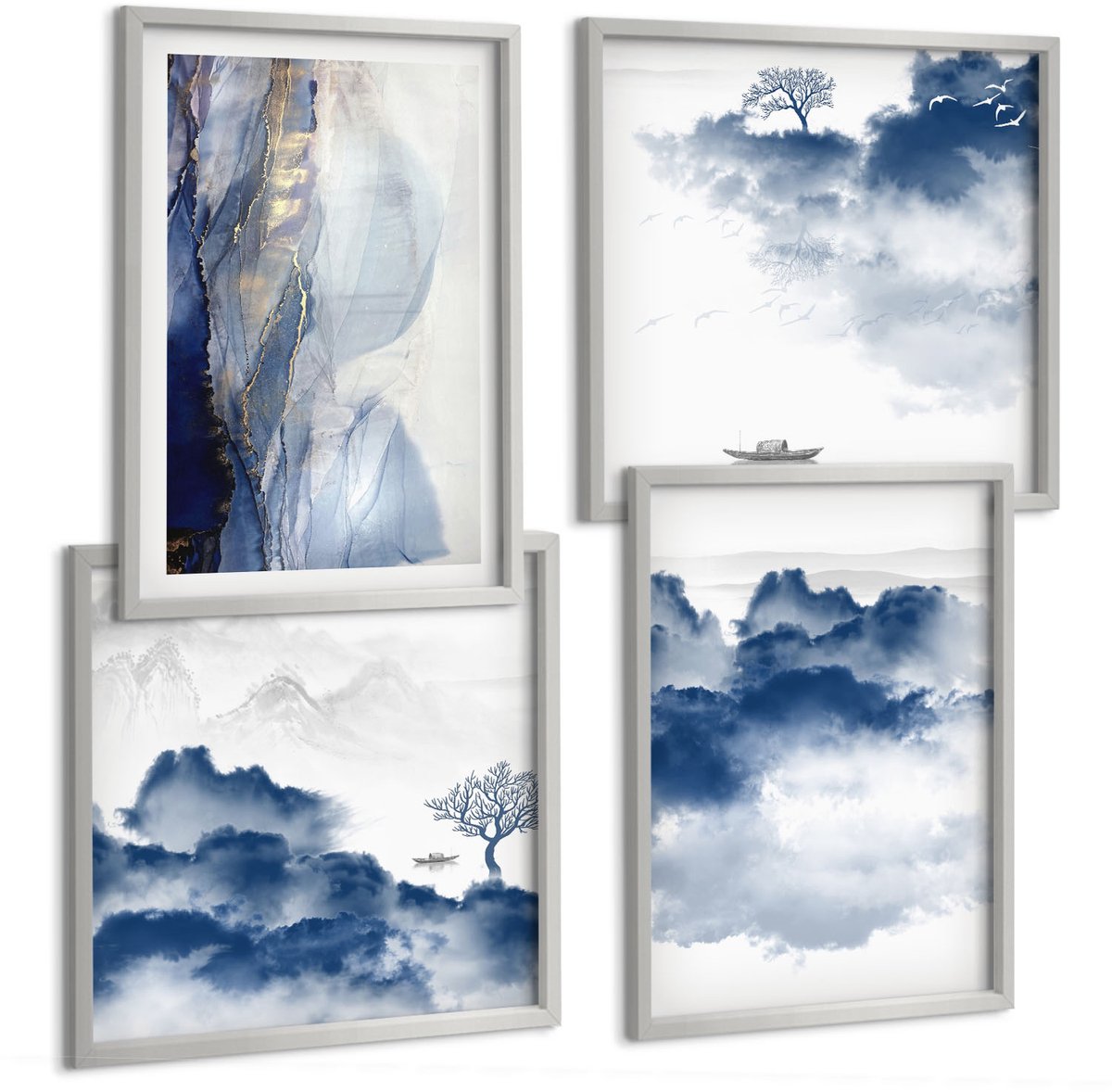TULUP 4-Delige Schilderij Set - Wolkengebergte met bomen en vogels op de achtergrond - 40 x 40 cm en 40 x 60 cm - Stijlvolle Wanddecoratie - Interieur - Stijlvolle Muurdecoratie Zilveren lijst