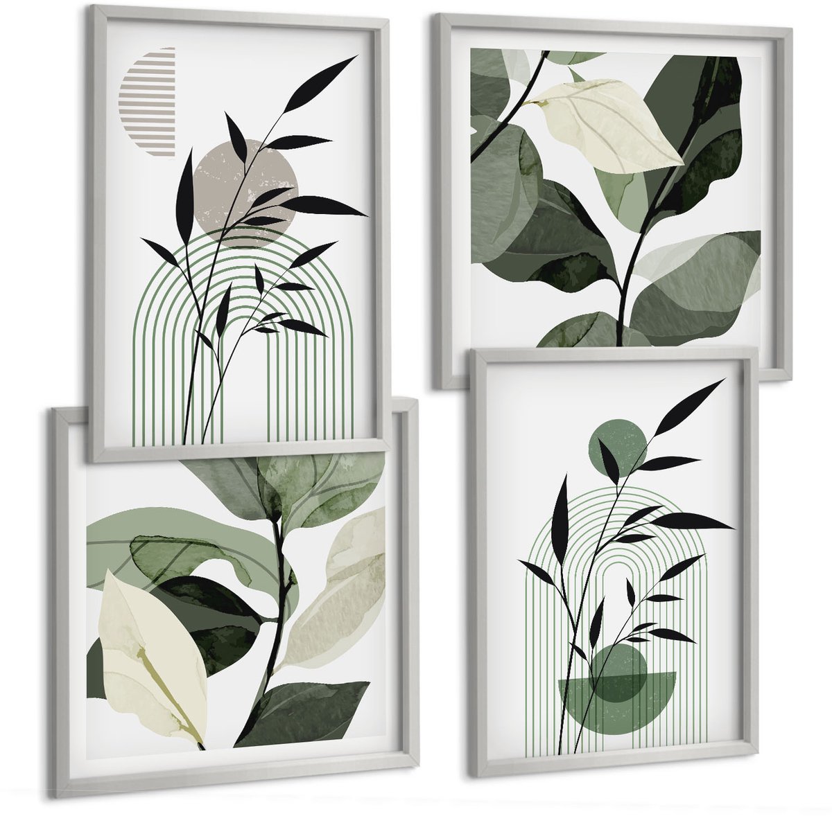 TULUP 4-Delige Schilderij Set - Abstracte plantencomposities in boho-stijl - 40 x 40 cm en 40 x 60 cm - Wanddecoratie - Schilderijen Set - Kantoor - Muurdecoratie Zilveren lijst