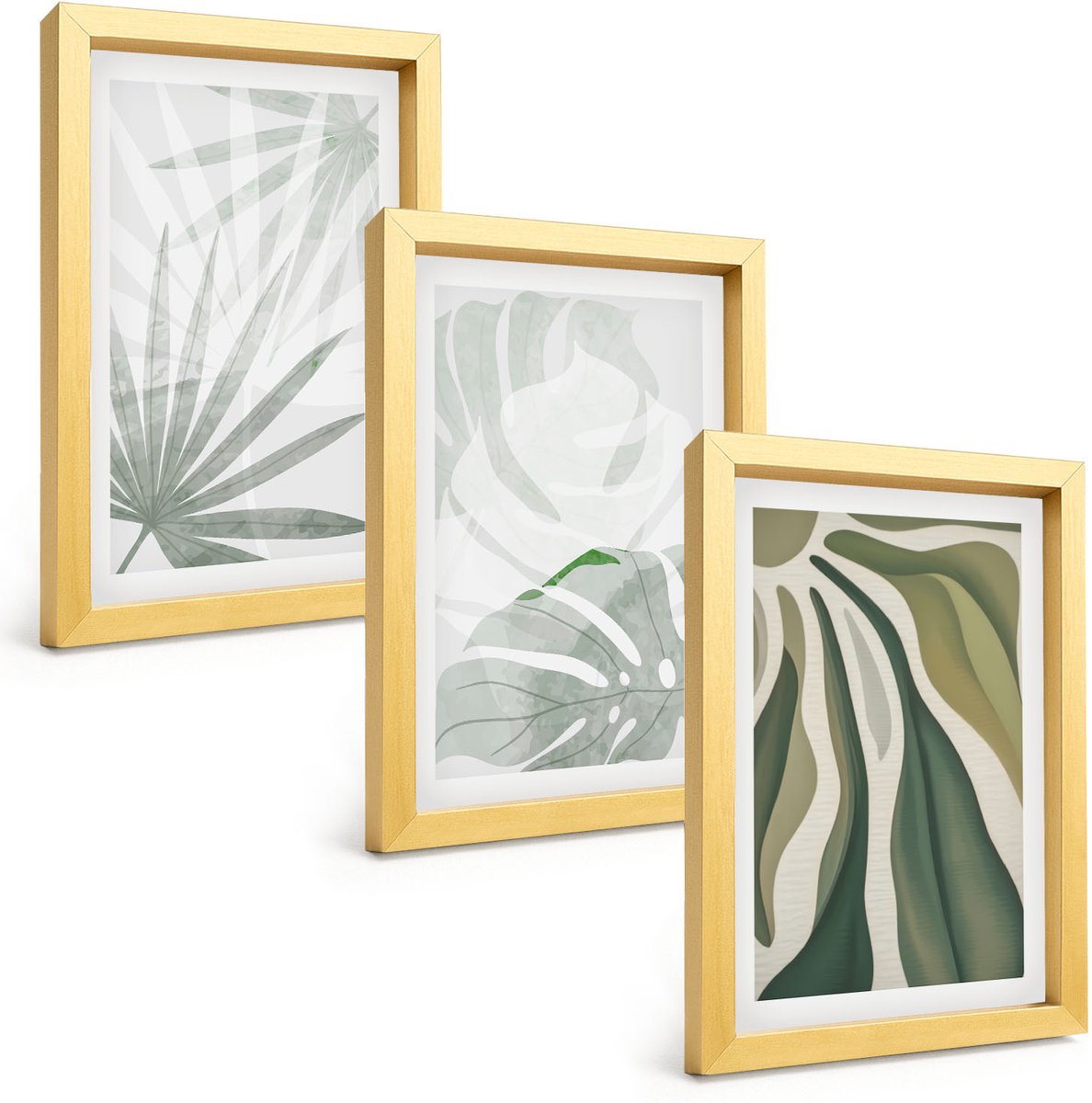 TULUP 4-Delige Schilderij Set - Plantenbladeren in tinten groen en grijs - 20 x 30 cm - Wanddecoratie - Muurdecoratie - Moderne Interieurdecoratie Gouden lijst