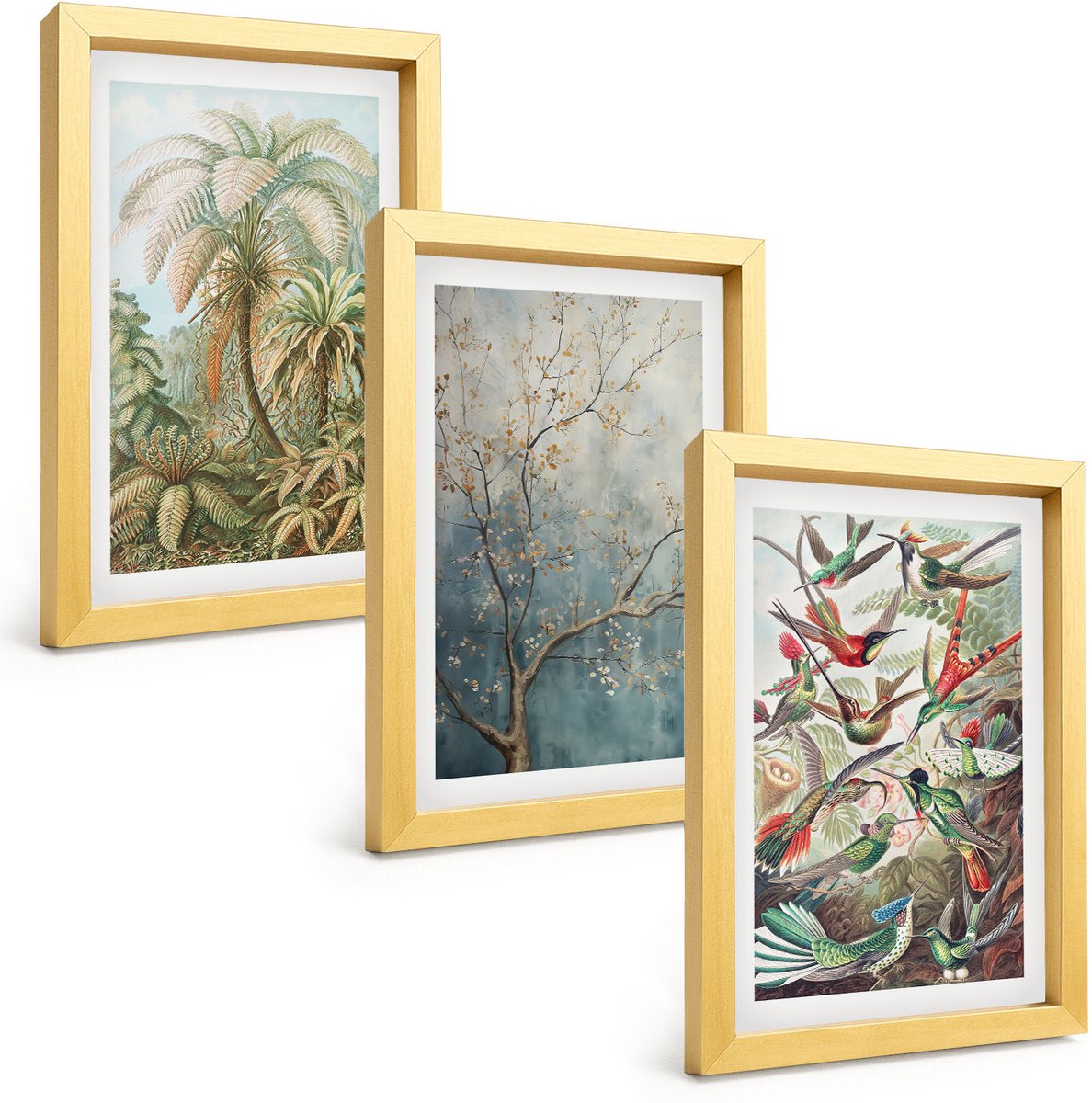 TULUP 4-Delige Schilderij Set - Tropische planten en kleurrijke vogels in de natuur - 20 x 30 cm - Wanddecoratie - Muurdecoratie - Woonkamer - Interieur Decoratie Gouden lijst