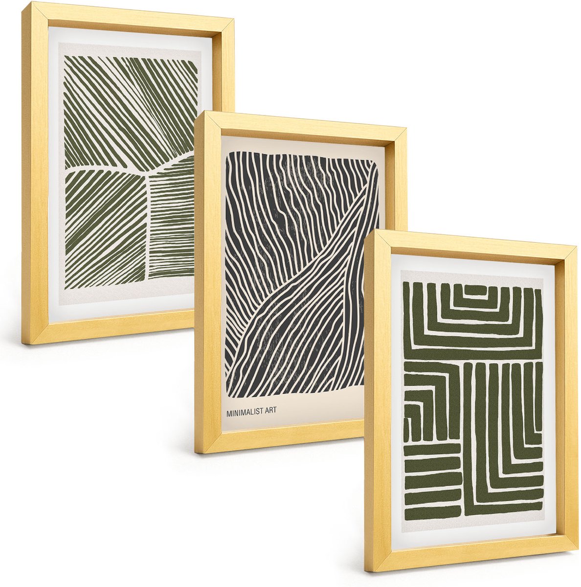 TULUP 4-Delige Schilderij Set - Patronen van lijnen en vormen in groene tinten - 20 x 30 cm - Schilderijen Set - Wanddecoratie - Woonkamer - Interieur Decoratie Gouden lijst