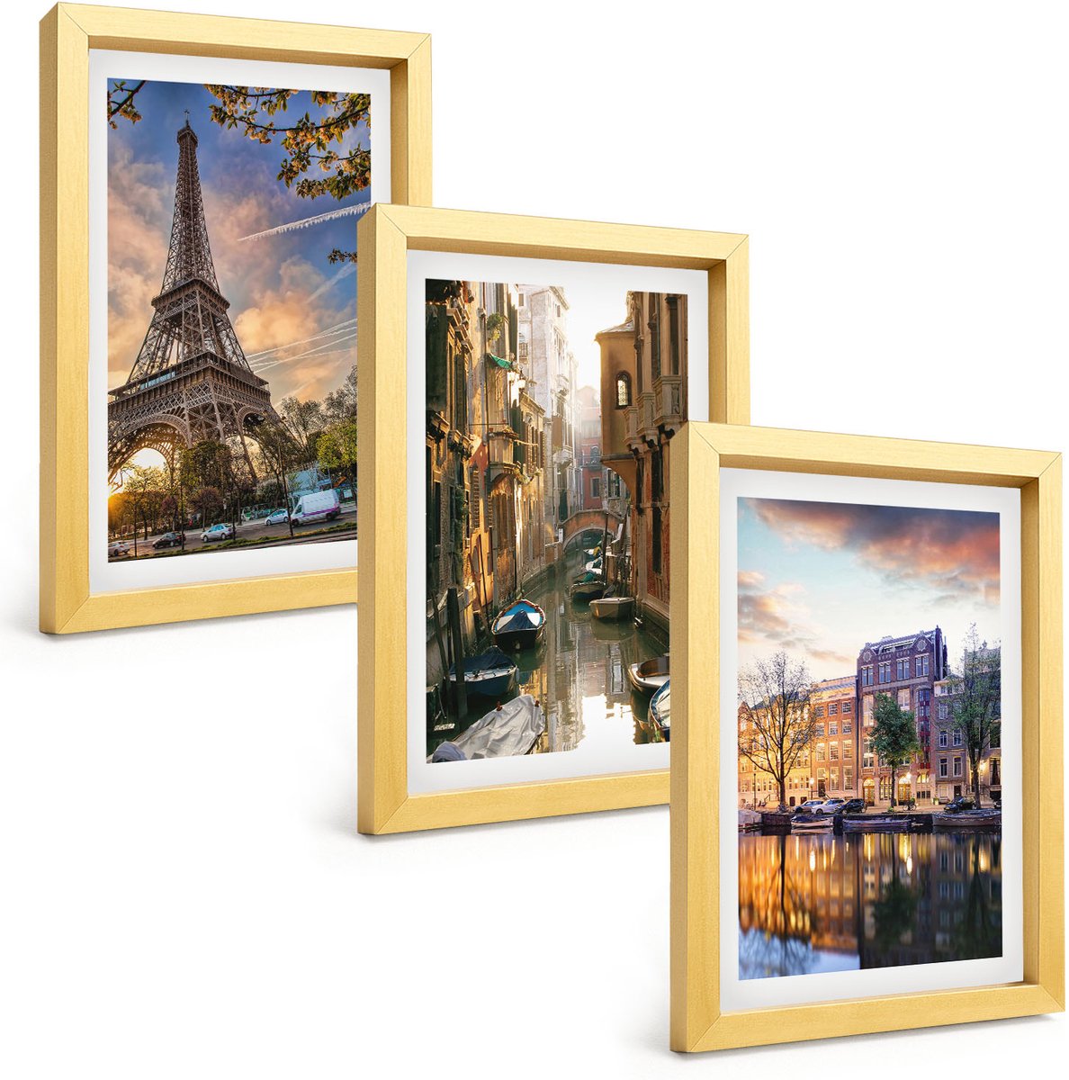 TULUP 4-Delige Schilderij Set - De Eiffeltoren, de grachten van Venetië en de straten van Amsterdam. - 20 x 30 cm - Stijlvolle Muurdecoratie - Kantoor - Wanddecoratie Gouden lijst