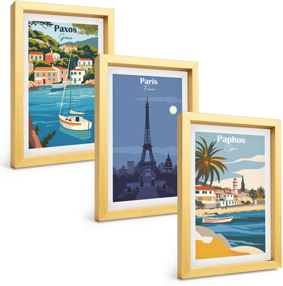 TULUP 4-Delige Schilderij Set - Uitzichten op kuststeden en hun architectuur - 20 x 30 cm - Muurdecoratie - Schilderijen Set - Woonkamer - Interieur Decoratie Gouden lijst