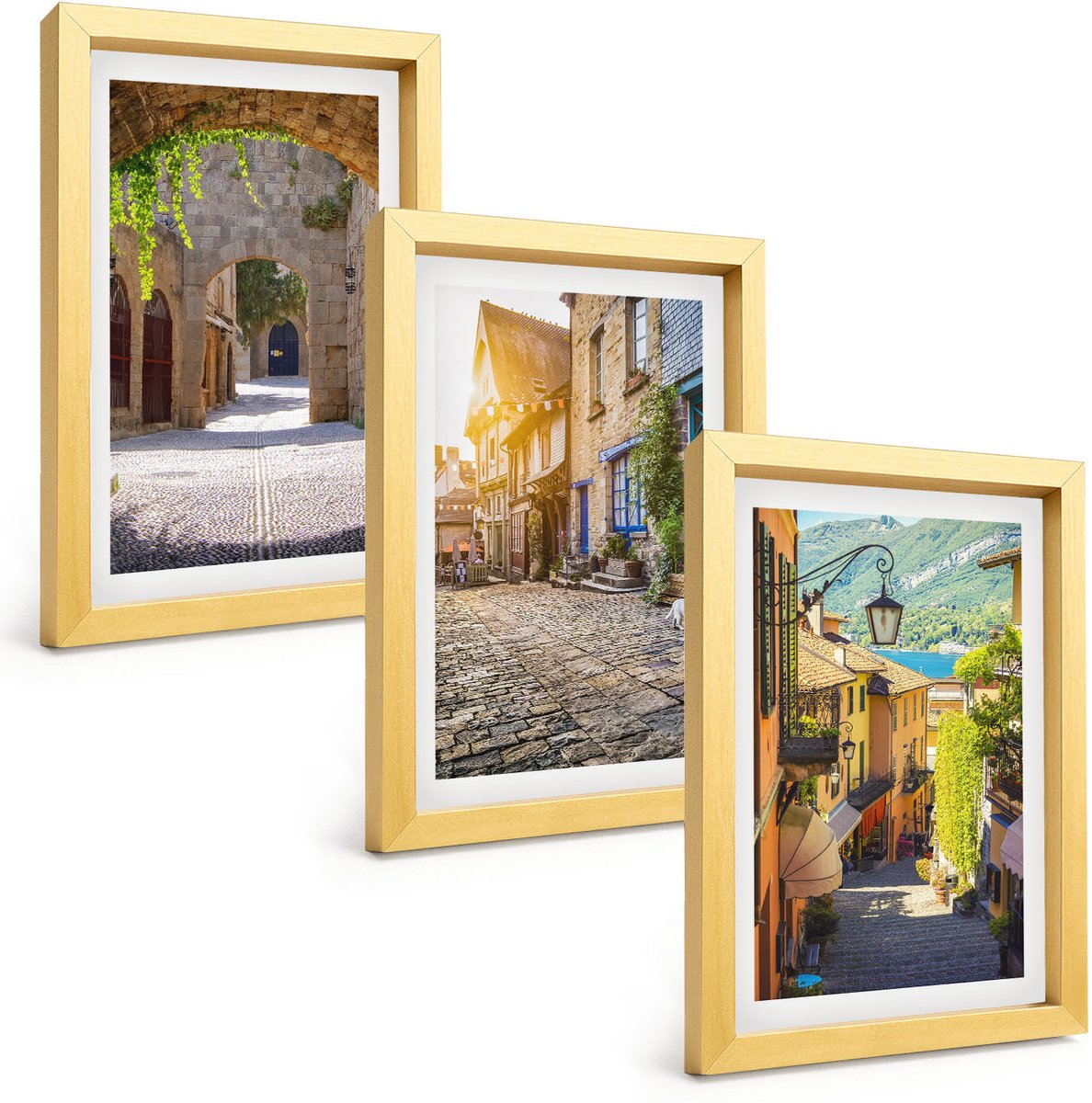 TULUP 4-Delige Schilderij Set - Sfeervolle straatjes met stenen gebouwen en poorten. - 20 x 30 cm - Wanddecoratie - Schilderijen Set - Interieur - Stijlvolle Muurdecoratie Gouden lijst
