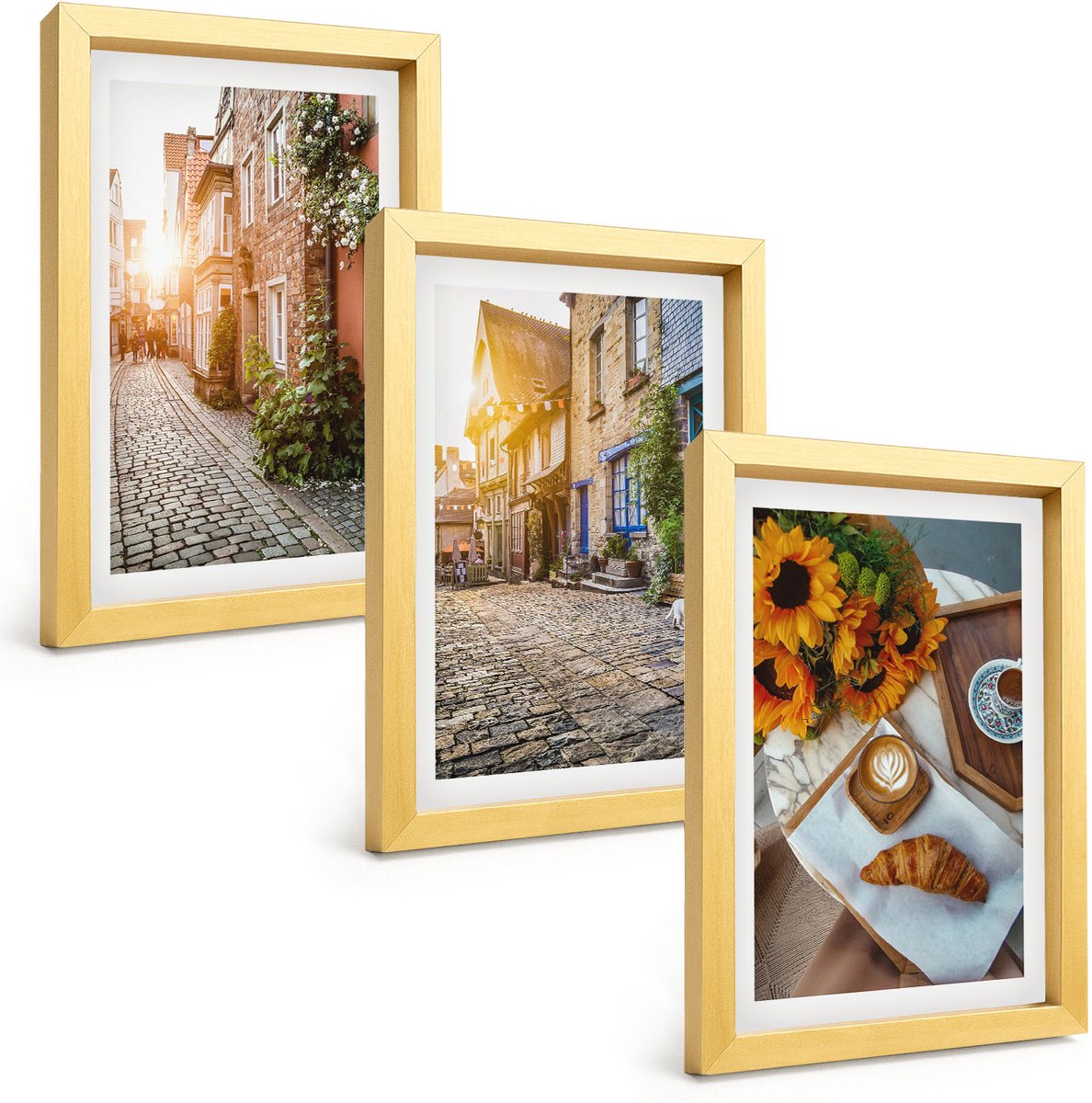 TULUP 4-Delige Schilderij Set - Sfeervolle straatjes met koffie en zonnebloemen - 20 x 30 cm - Muurdecoratie - Decoratieve Schilderijen - Wohnzimmer - Interieur Decoratie Gouden lijst