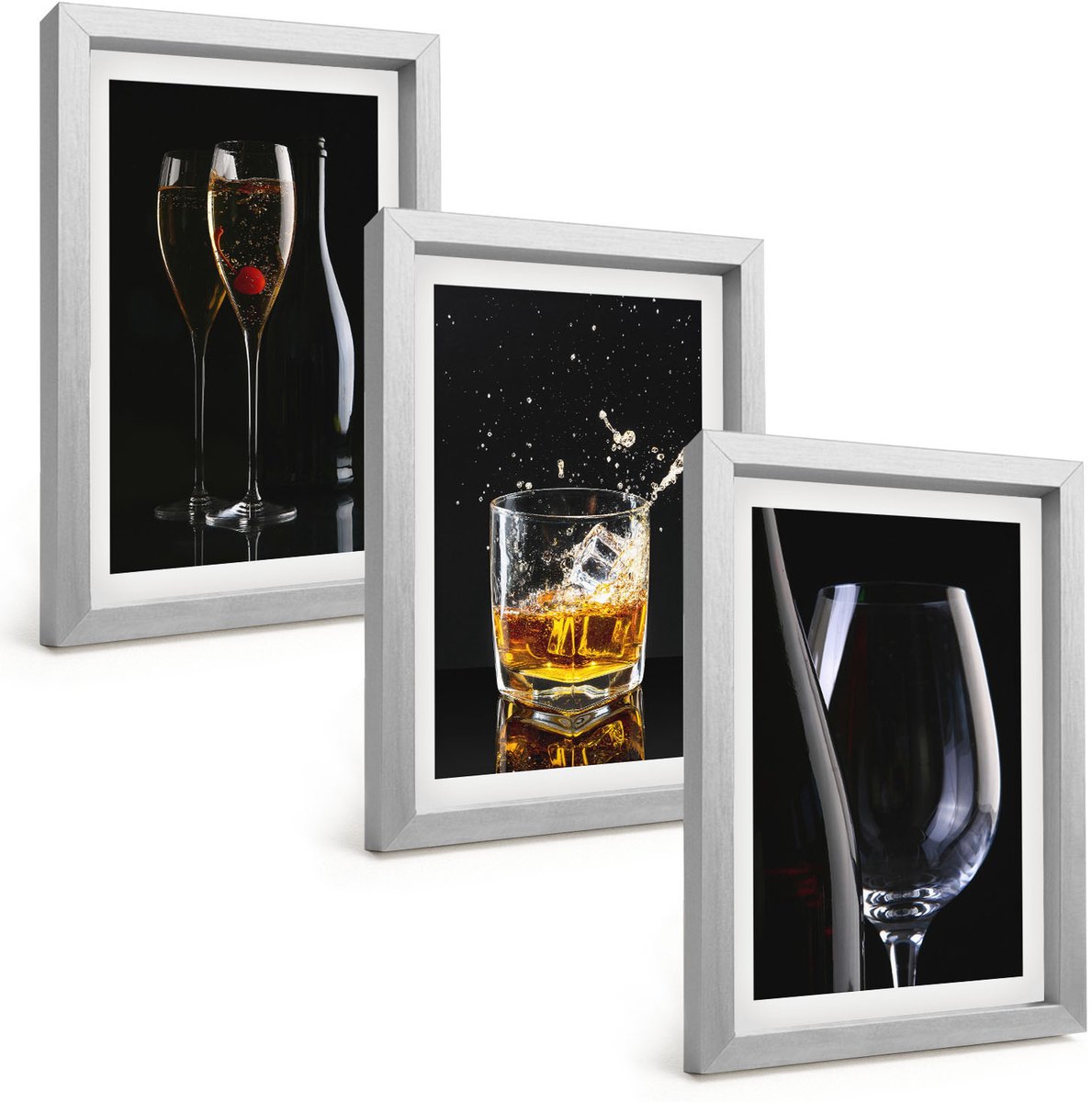 Tulup 4-Delige Schilderij Set - Wijn- en whiskyglazen op een zwarte achtergrond. - 20 x 30 cm - Muurdecoratie - Schilderijen Set - Woonkamer